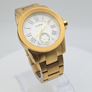 A_Line Watch Gold Tone Seconds Dial Hidden Clasp 7.25 Max Wrist Size New Battery